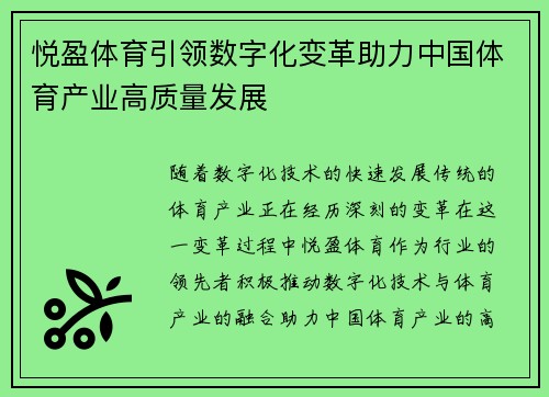 悦盈体育引领数字化变革助力中国体育产业高质量发展
